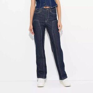 Wild Fable Jeans Easy Rigid High Rise Straight Button Closure Dark Denim Womens